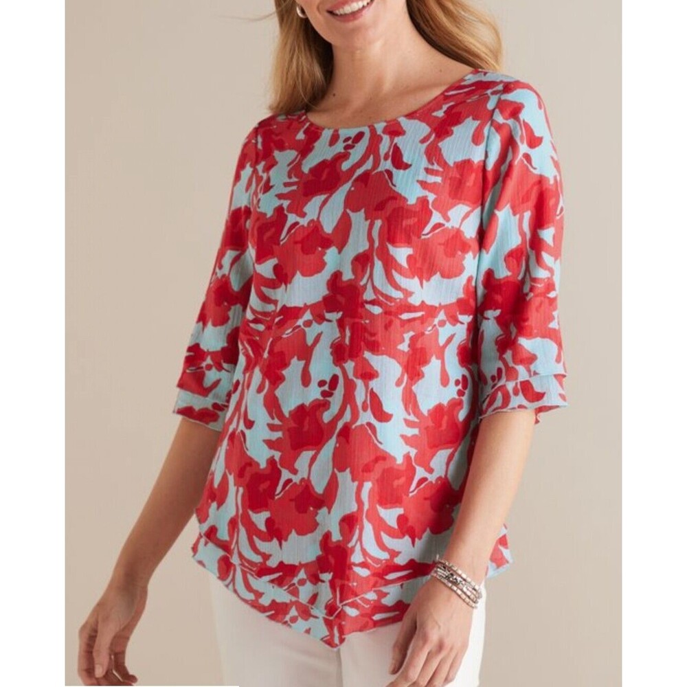 Soft Surroundings Siesta Key Tunic Top Double Layered Lettuce Hem Red Blue Sz S